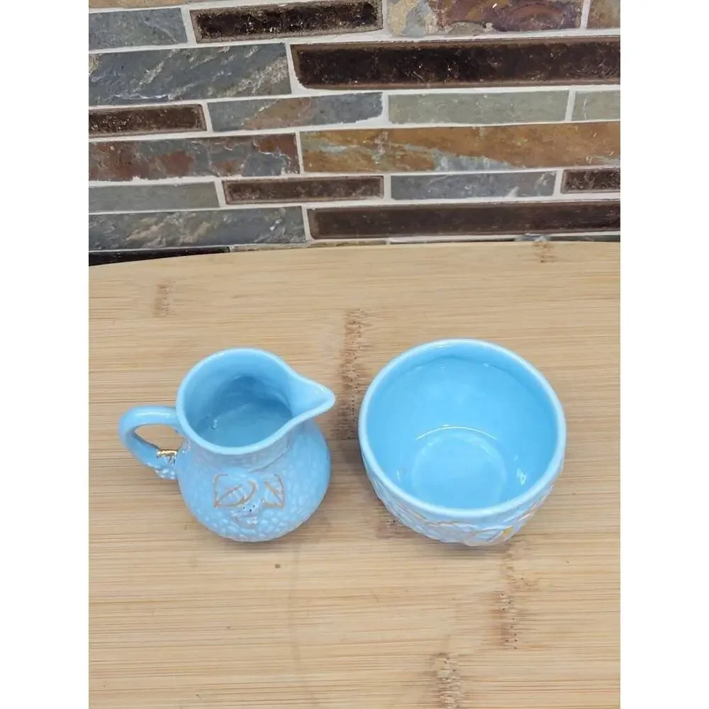 Vintage Wade Golden Turquoise Bramble Creamer and Sugar Bowl Set Blue Gold Decor